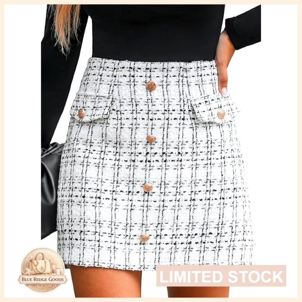 Tweed Mini Skirt High Waist Pencil Hem Bodycon Chic Fall Winter Outfit